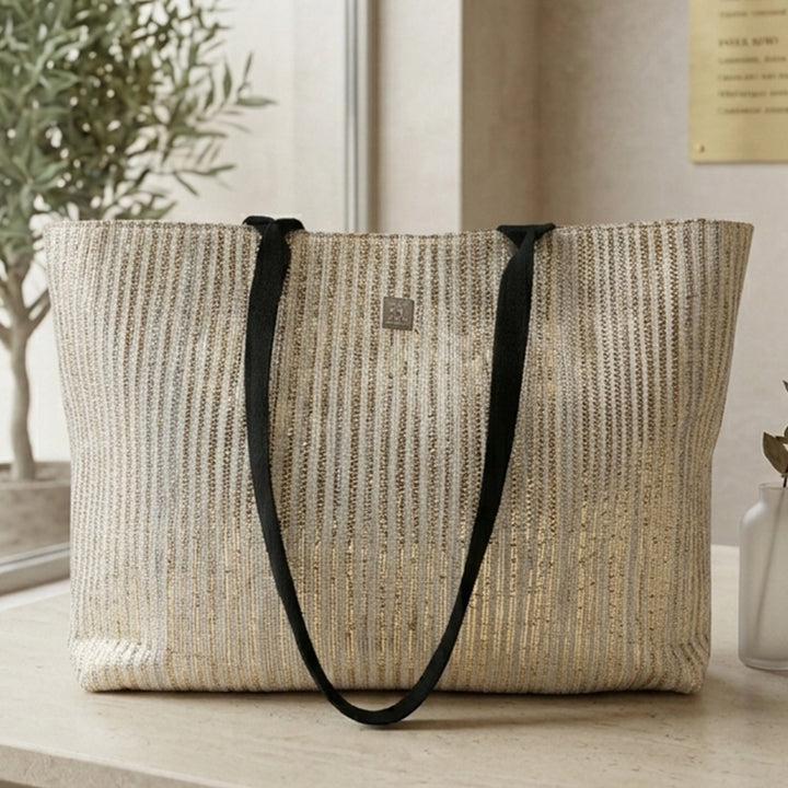 Handcrafted Golden and Silver Striped Upcycled Plastic 14" Office Tote Bag