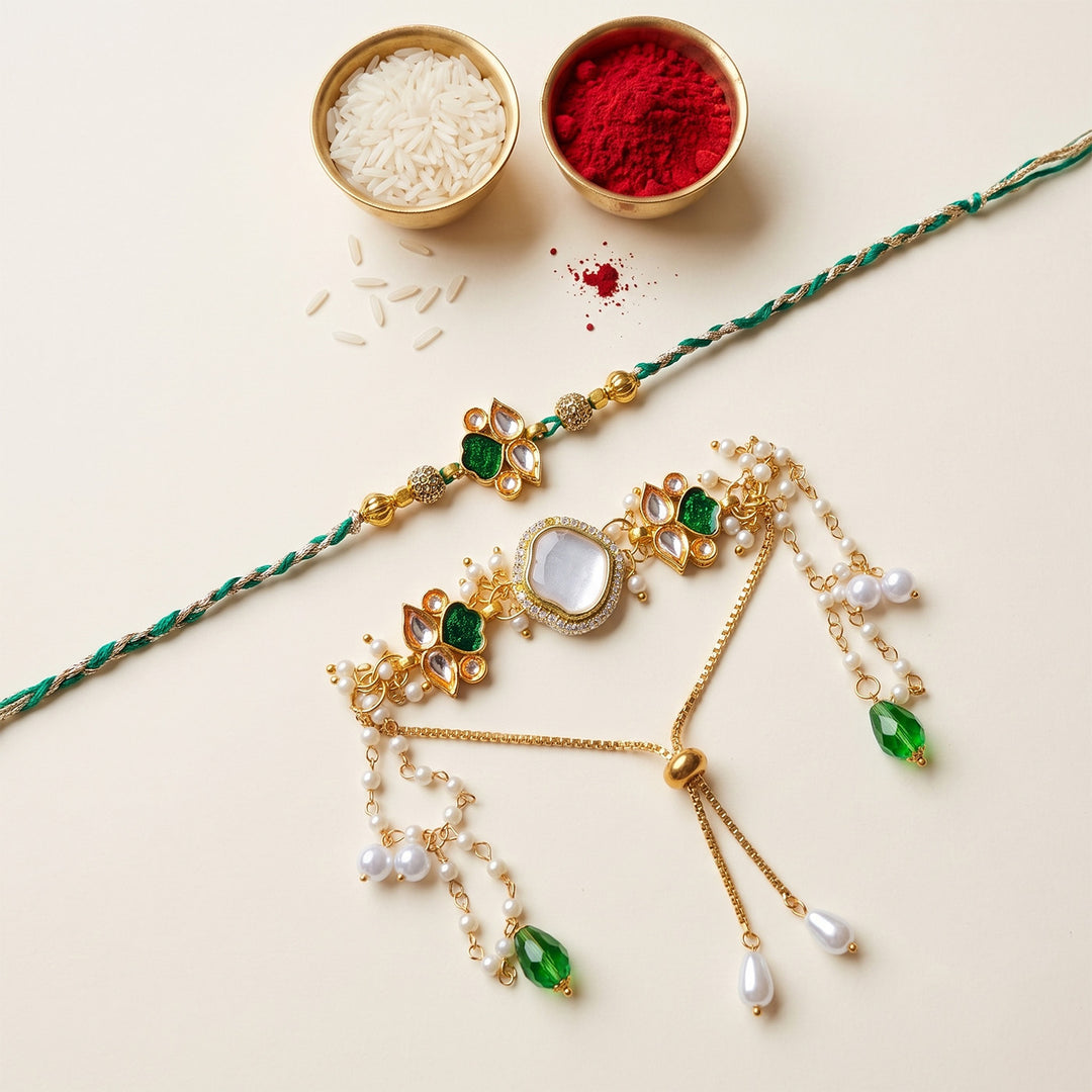Reusable Handmade Kundan Rakhi & Lumba With Roli Chawal For Bhaiya Bhabhi | Set Of 2