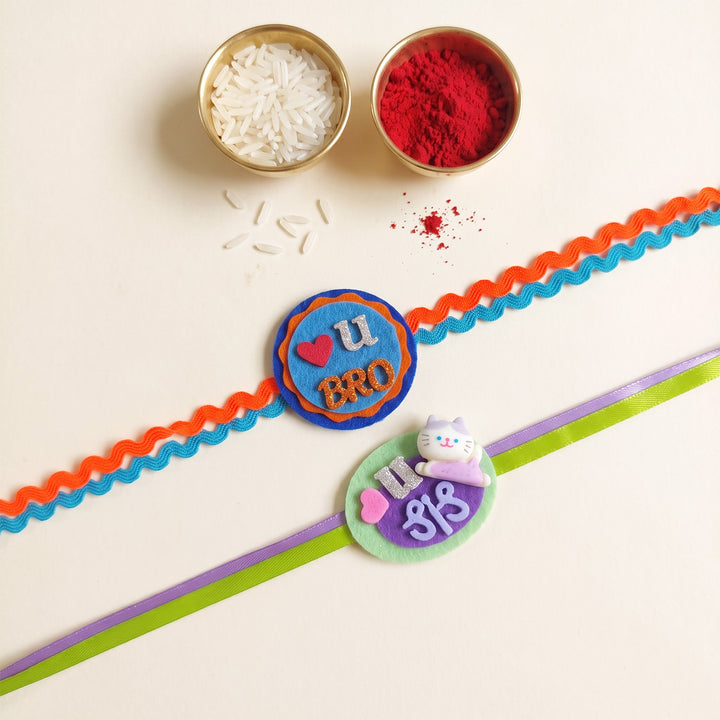 Handmade "Love U Bro" Heart & "Love U Sis" Cat Felt Kids Rakhi Combo With Roli Chawal For Brother & Sister | Set Of 2