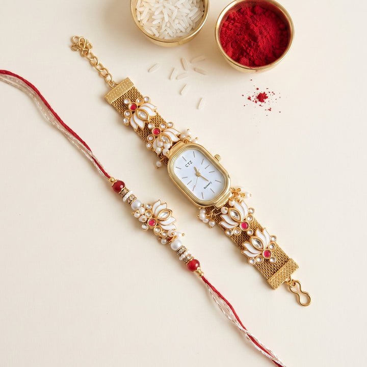 Lotus Kundan Watch Bhaiya Bhabhi Rakhi Set With Roli Chawal | Set of 2