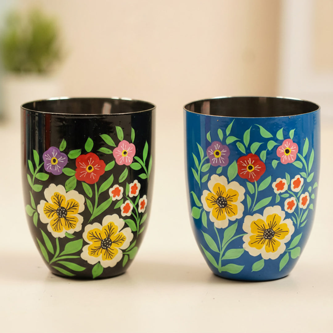 2Pc | Hand-Painted Black & Blue Floral Kashmiri Art Stainless Steel Large Round Glasses