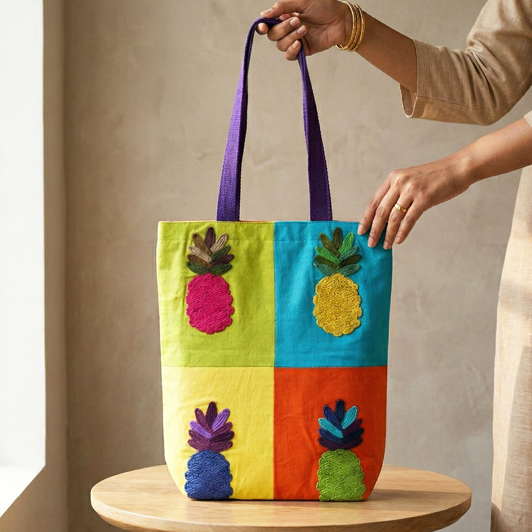 Hand-Embroidered Dori Work Vibrant Pineapple Tote Bag