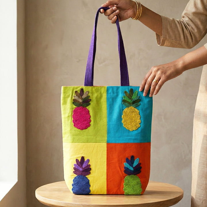 Hand-Embroidered Dori Work Vibrant Pineapple Tote Bag