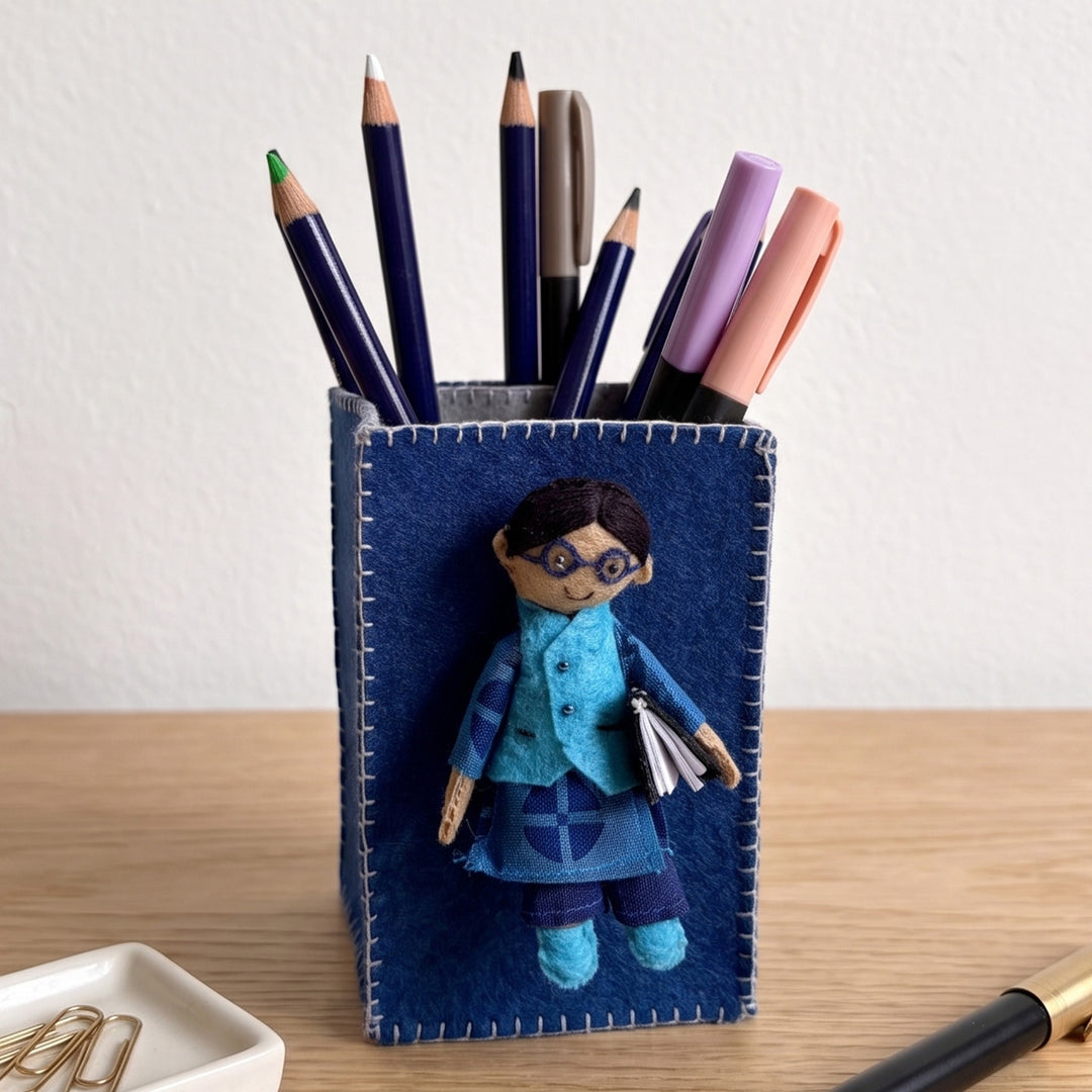 Handmade Navy Blue Pen Stand with Detachable Azad Doll