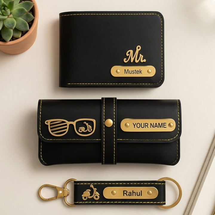 3 Pc | Personalized Faux Leather Gift Set For Men | Includes 1 Wallet, 1 Keychain, 1 Eyeware Case