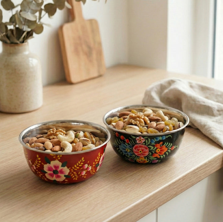 2Pc | Hand-Painted Floral Kashmiri Art Stainless Steel Large Bowls