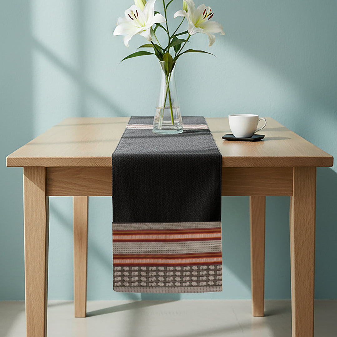 Handmade Black Elephant Design Khunn Fabric Cotton Table Runner | 12 x 60 Inch