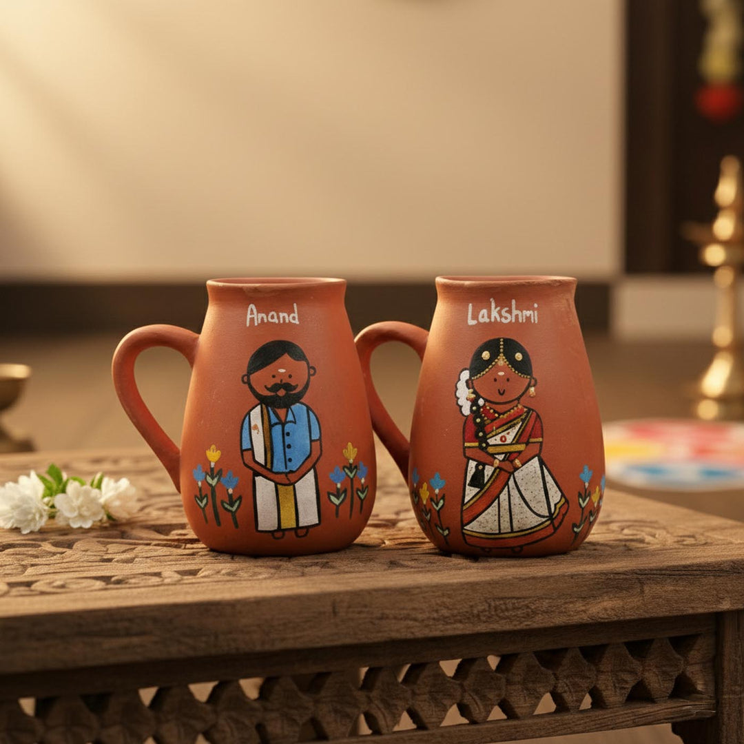 2 Pc | South Indian Couple Personalized Handpainted Terracotta Mug | 450 ml