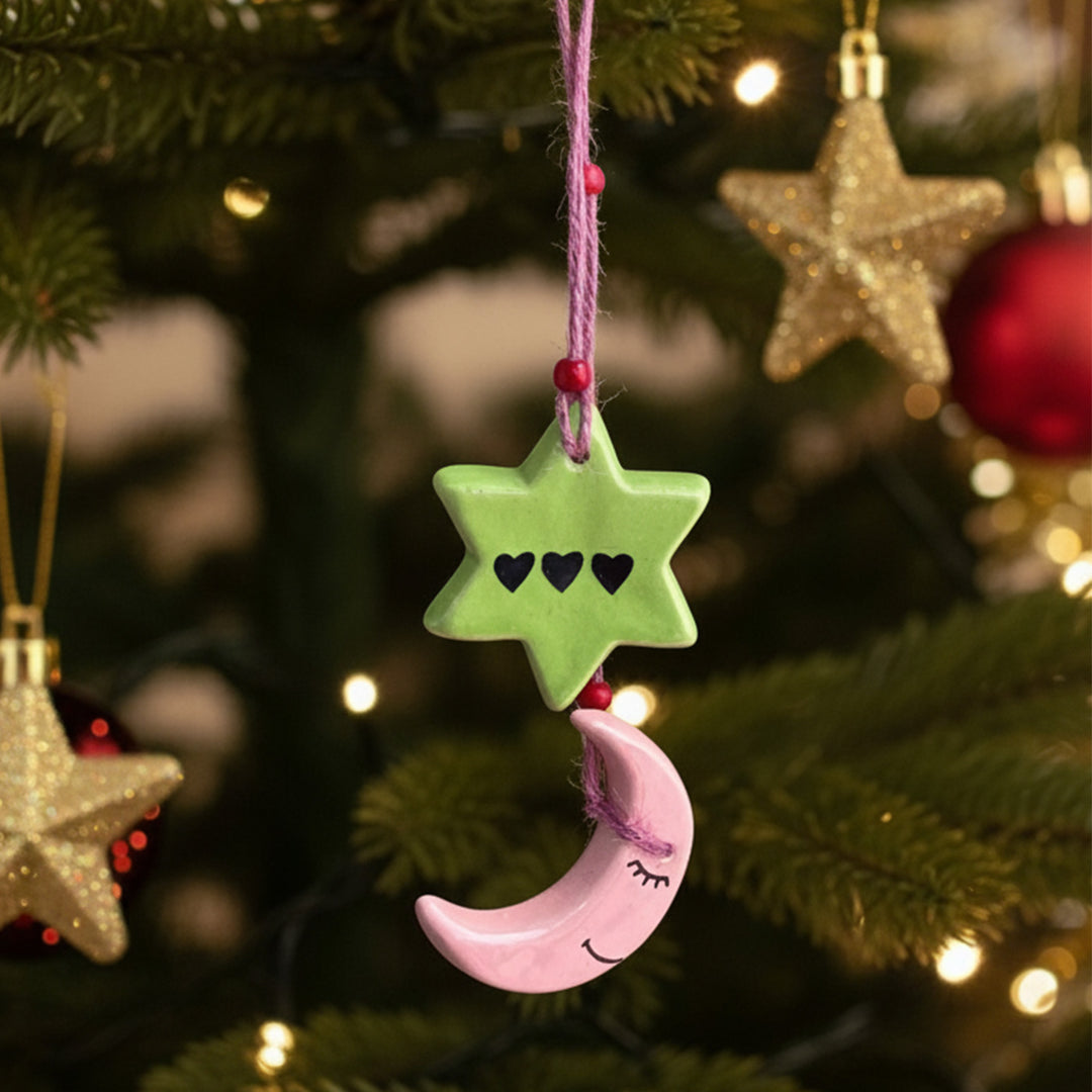 Handmade Moon & Star Ceramic Ornament For Christmas Tree Decoration