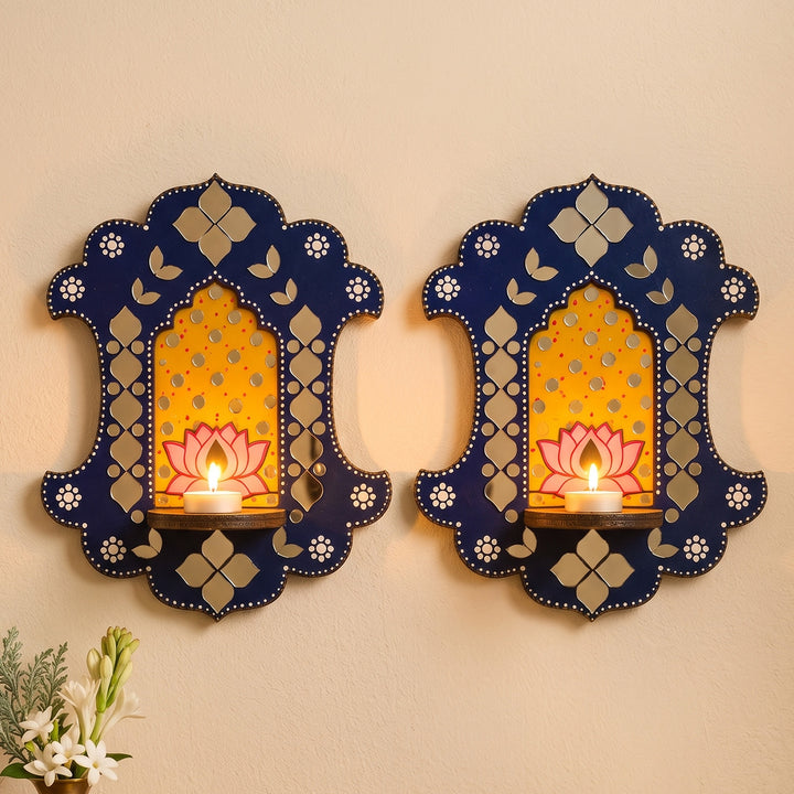 Set of 2 | Lotus Inspired Jharokha MDF Wall Hanging Tealight Holders For Festive Decor