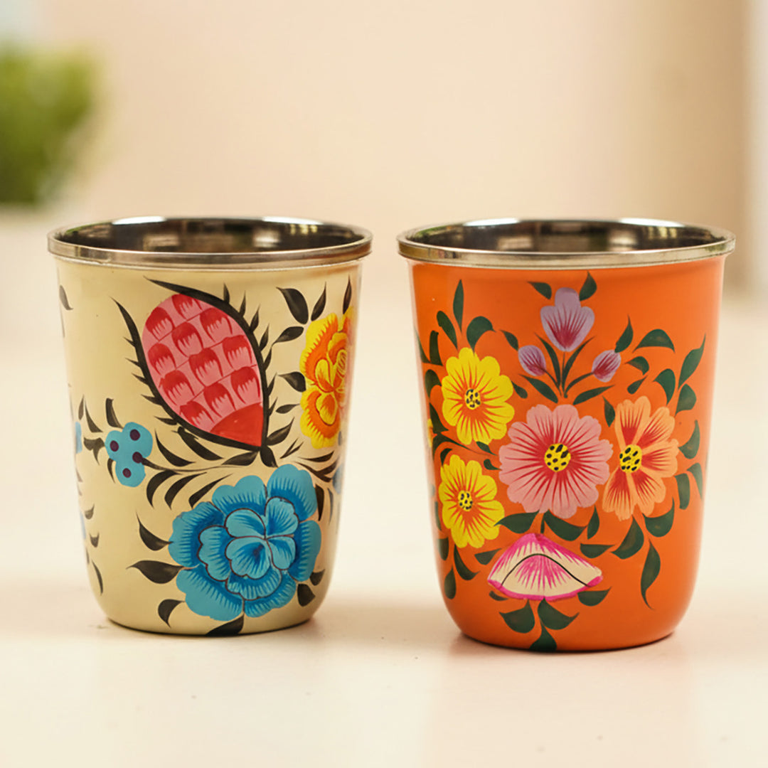 2Pc | Hand-Painted Floral Kashmiri Art Stainless Steel Medium Glasses