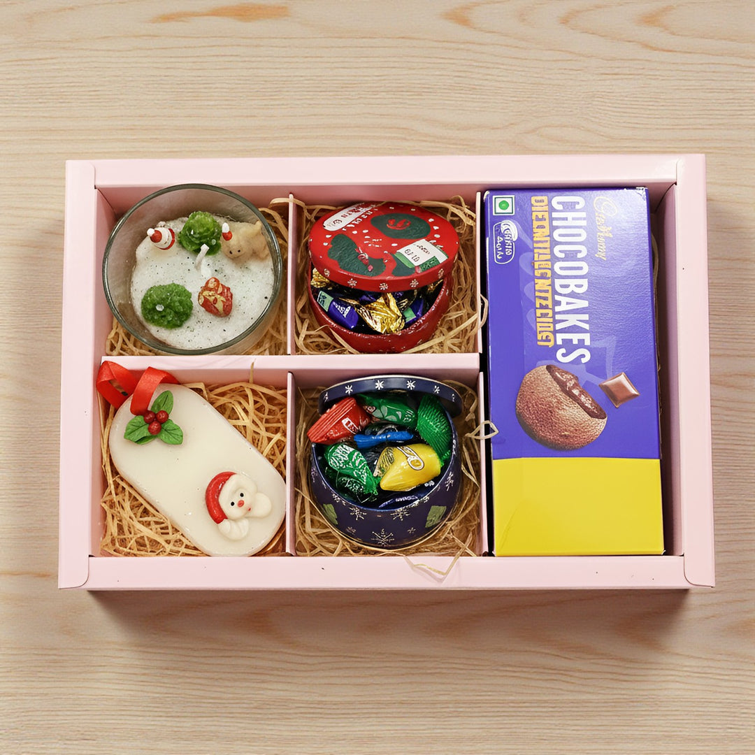 Festive Christmas Gift Hamper | Includes 1 Jar Candle, 1 Wax Sachet, 2 Toffee Boxes, 1 Cadbury Chocobakes