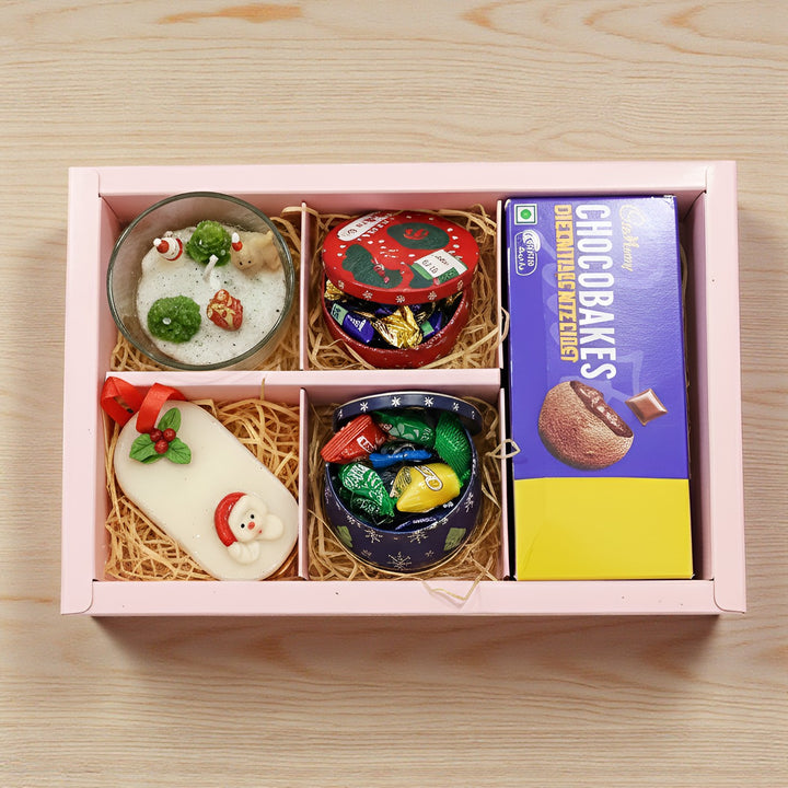 Festive Christmas Gift Hamper | Includes 1 Jar Candle, 1 Wax Sachet, 2 Toffee Boxes, 1 Cadbury Chocobakes