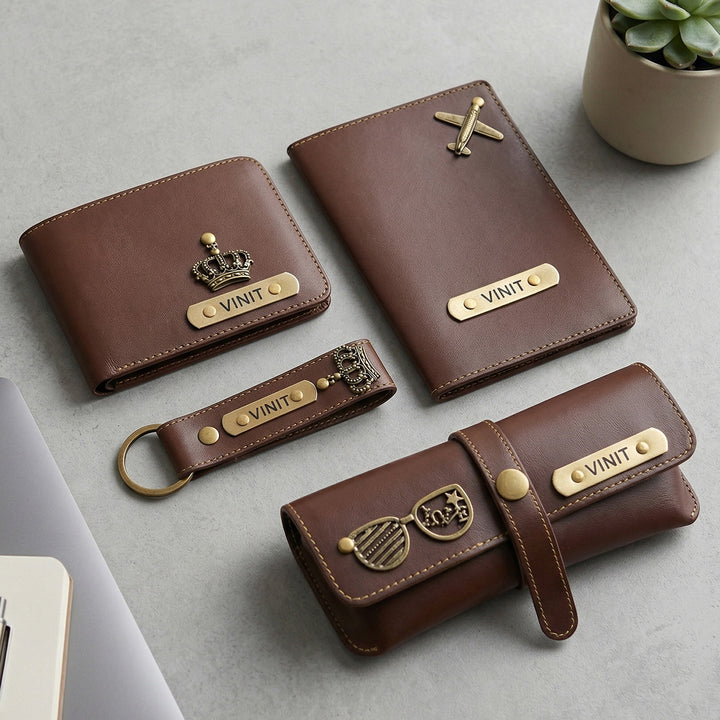 4 Pc | Personalized Faux Leather Gift Set For Men | Includes 1 Wallet, 1 Keychain, 1 Passport Cover, 1 Eyeware Case