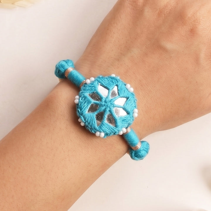 Handmade Mirror Work Patwa Blue Cotton Rakhi With Roli Chawal