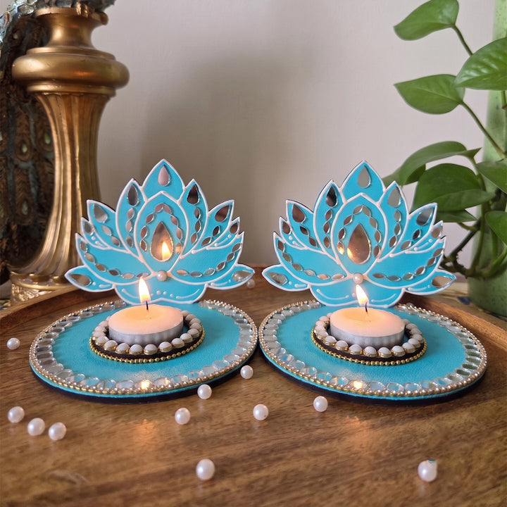 Set of 2 | Handcrafted Lotus MDF Tealight Holders With Mirror Work For Festive Decor