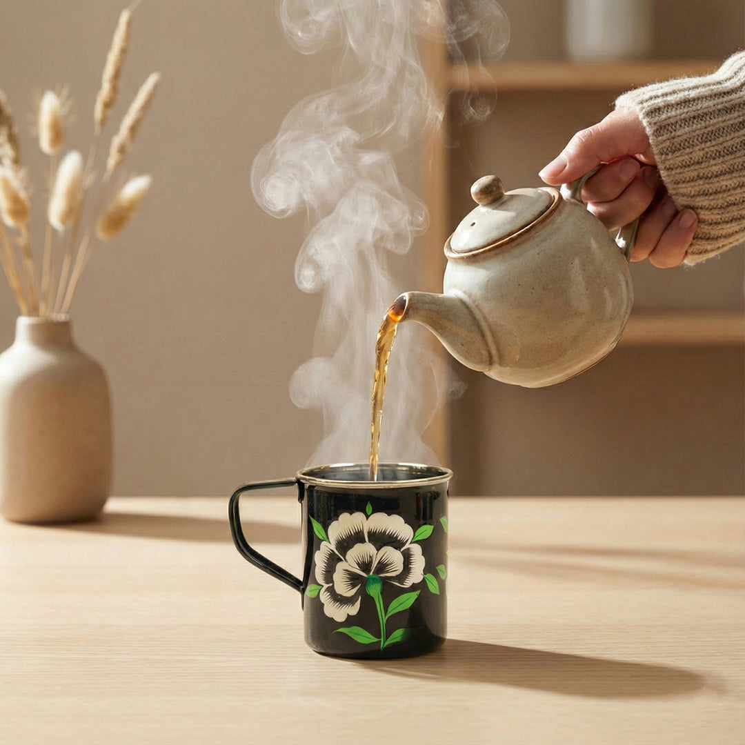 Hand-Painted Black Floral Kashmiri Art Stainless Steel Mug