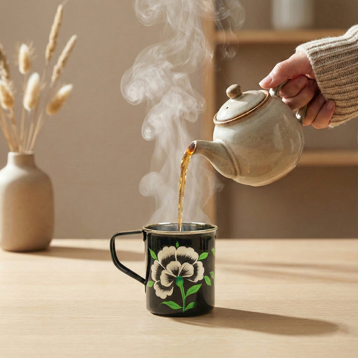 Hand-Painted Black Floral Kashmiri Art Stainless Steel Mug