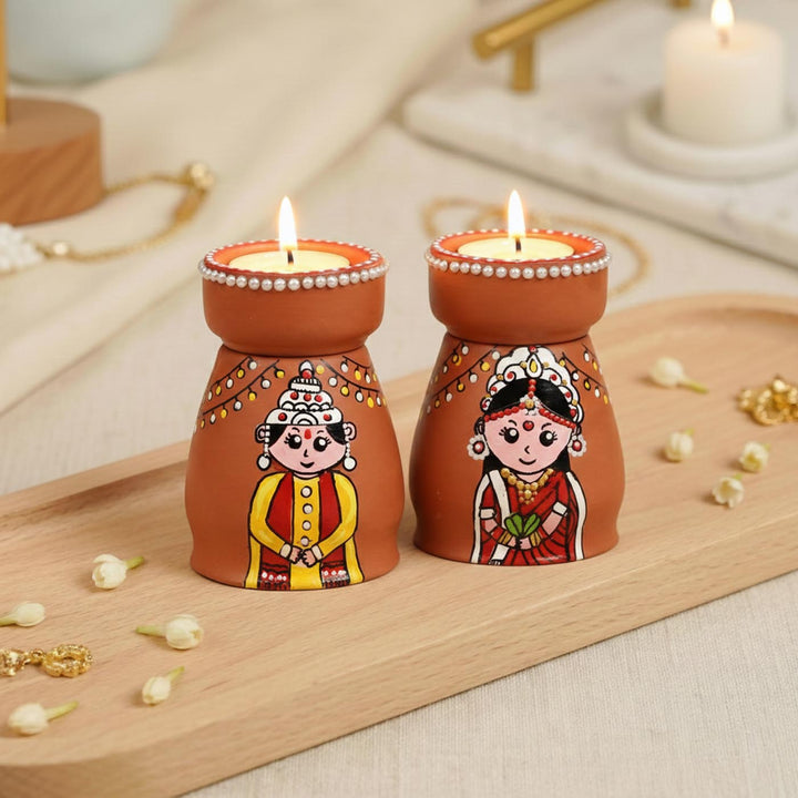 Bengali Couple Handpainted Terracotta Tealight Holder