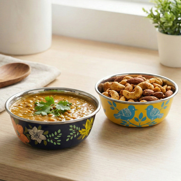 2Pc | Hand-Painted Floral Kashmiri Art Stainless Steel Small Bowls