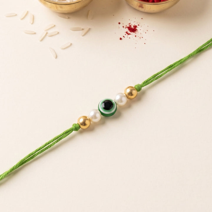 Handmade Evil Eye Green Premium Agate Rakhi With Roli Chawal, Nariyal And Gift Box For Brother