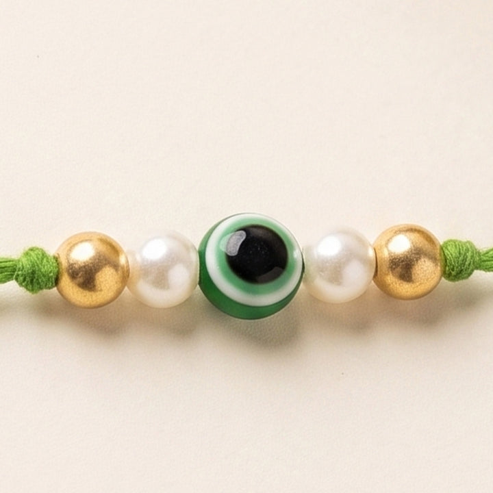 Handmade Evil Eye Green Premium Agate Rakhi With Roli Chawal, Nariyal And Gift Box For Brother