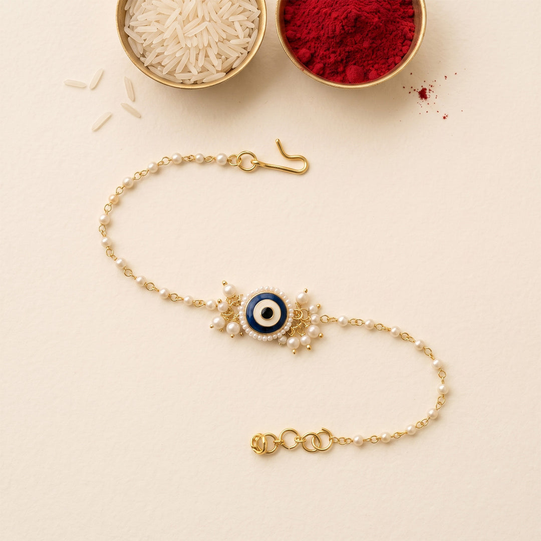 Reusable Evil Eye Pearl Bracelet Rakhi With Roli Chawal For Sister/Bhabhi