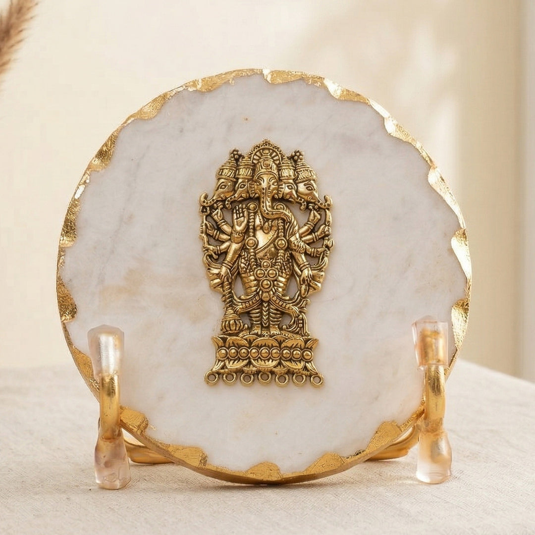 White Marble Gold Leafing Ganesha Showpiece With Metal Stand