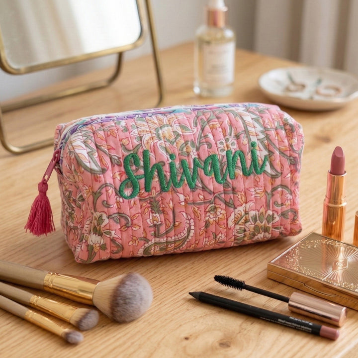 Personalized Block Printed Light Pink Cotton Cosmetic Pouch