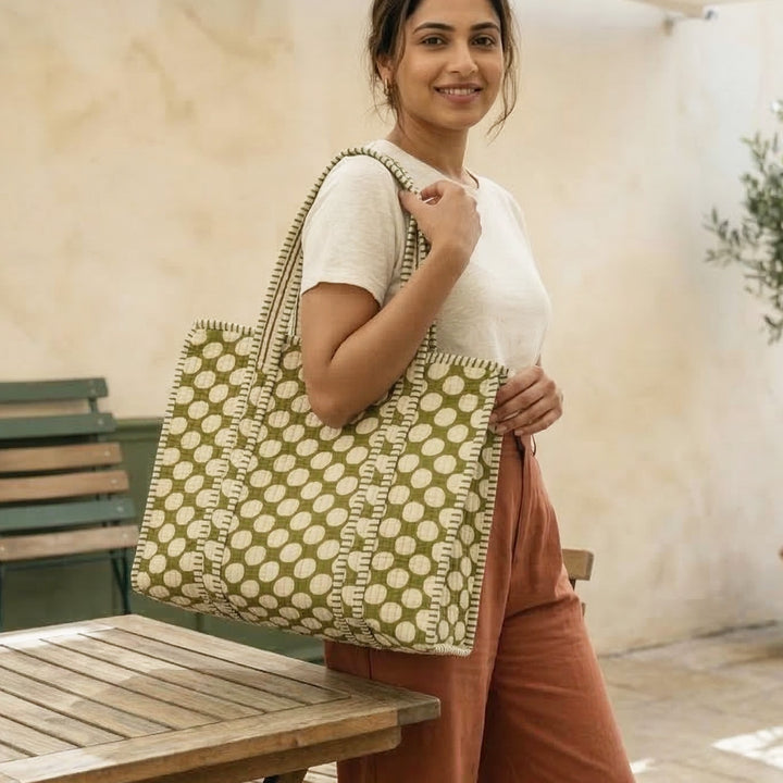 Handmade Olive Polka Cotton Tote Bag