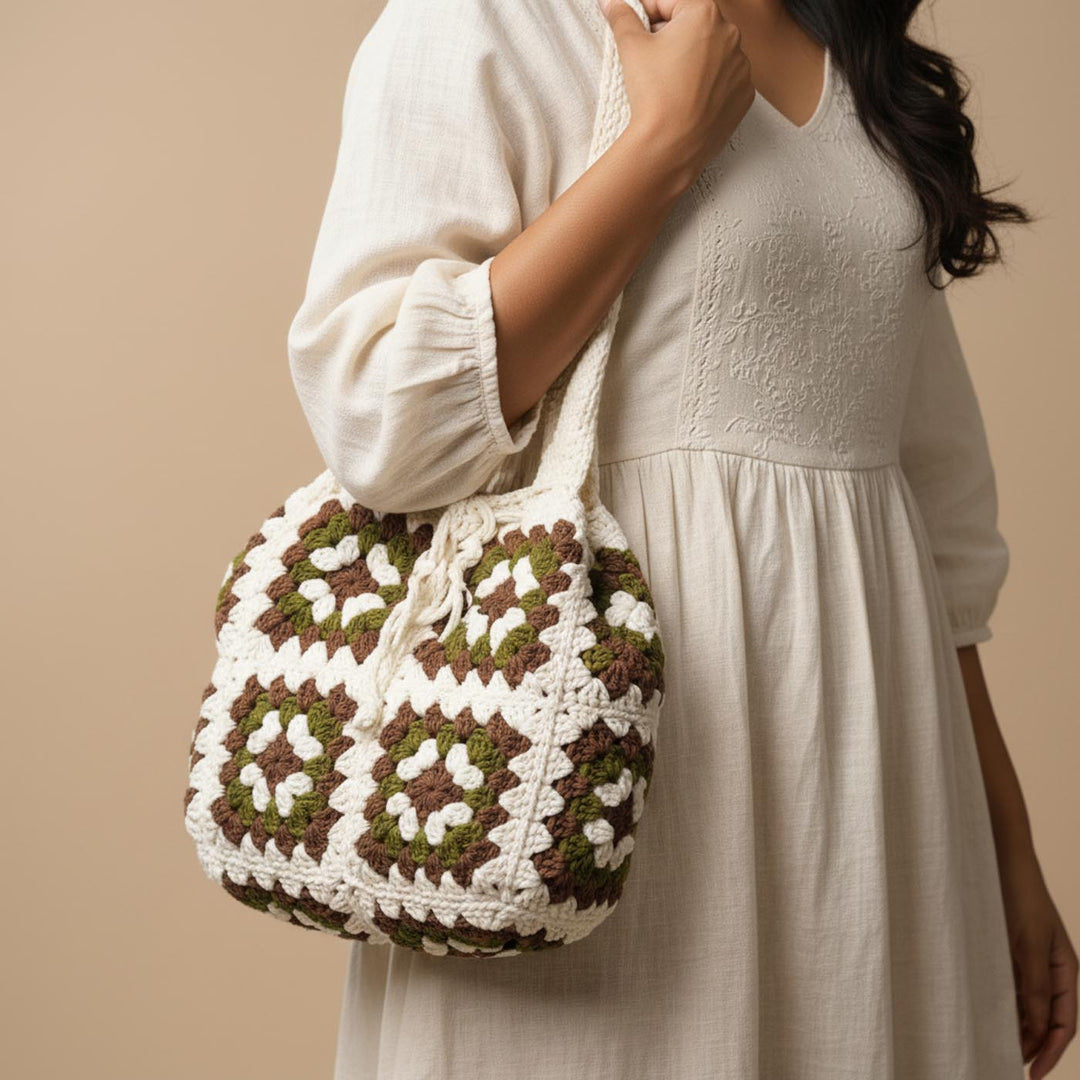 Handmade Crochet Military Design Everyday Cotton Tote Bag