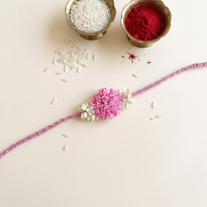 Handcrafted Rose & Mogra Bud Silk Fabric Floral Rakhi For Brother With Roli Chawal