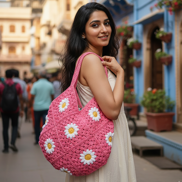 Handmade Crochet Pink Daisy Hobo Shoulder Bag