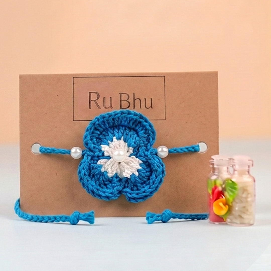 Handmade Crochet Pansy Bloom Floral Rakhi With Roli Chawal For Bhaiya