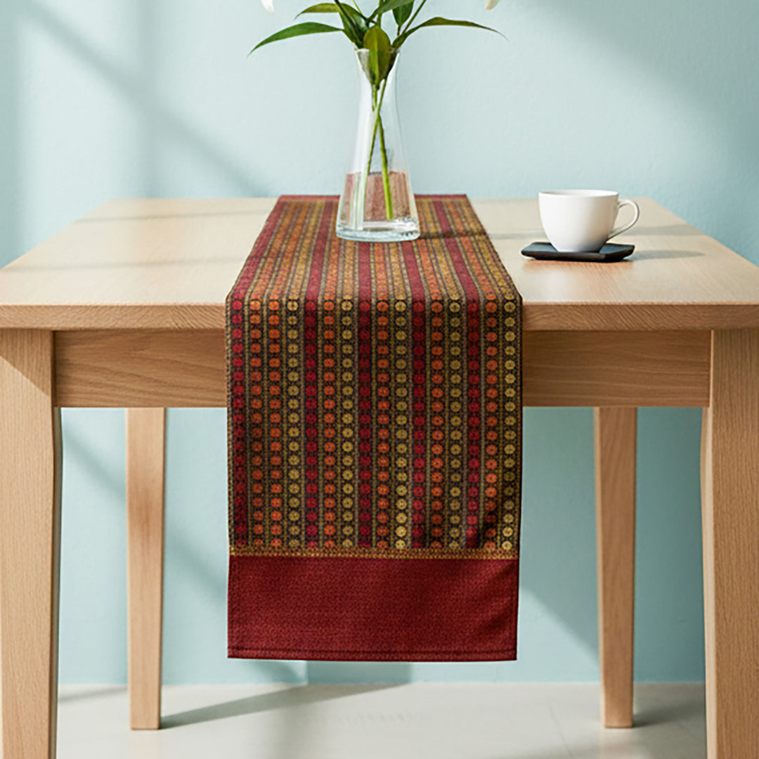 Handmade Colorful Rudraksha Design Khunn Fabric Cotton Table Runner | 13 x 60 Inch