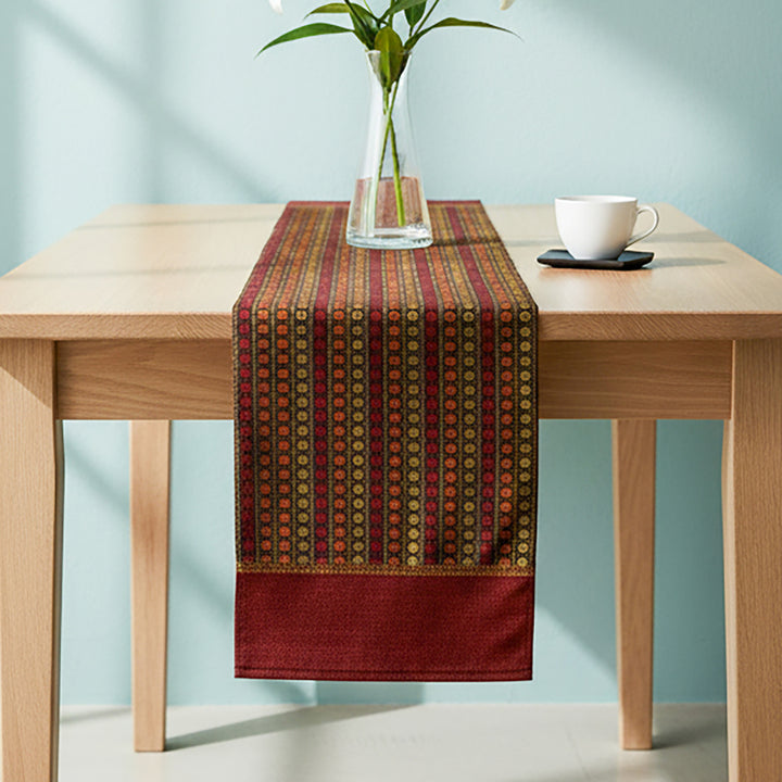 Handmade Colorful Rudraksha Design Khunn Fabric Cotton Table Runner | 13 x 60 Inch