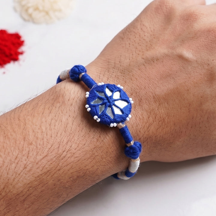 Handmade Mirror Work Patwa Royal Blue Cotton Rakhi With Roli Chawal