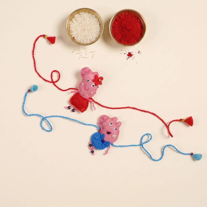 2 Pc | Hand Embroidered Peppa & George Duo Rakhis With Roli Chawal For Siblings