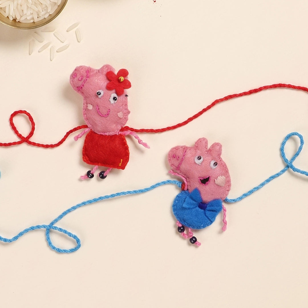 2 Pc | Hand Embroidered Peppa & George Duo Rakhis With Roli Chawal For Siblings