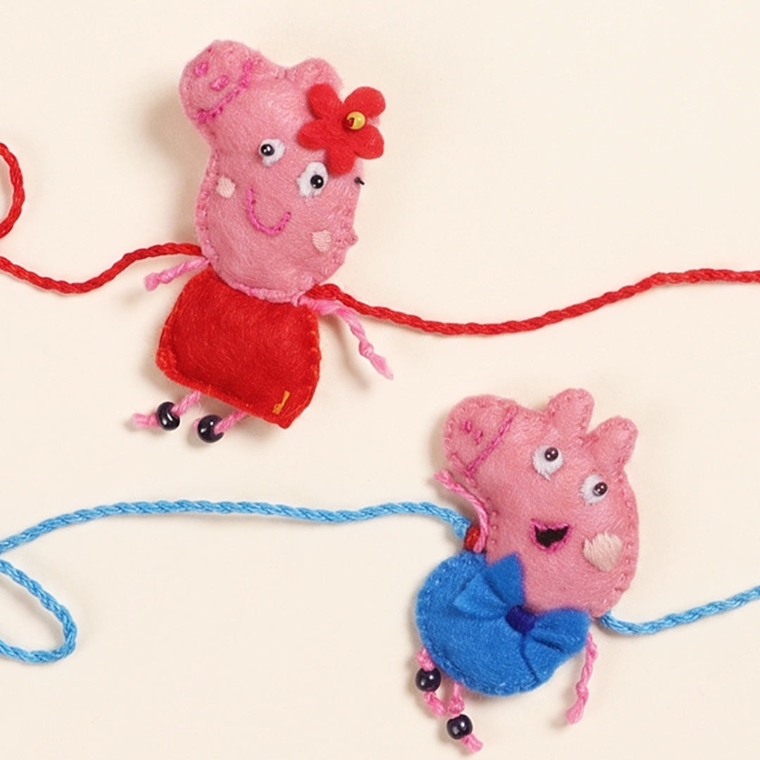 2 Pc | Hand Embroidered Peppa & George Duo Rakhis With Roli Chawal For Siblings