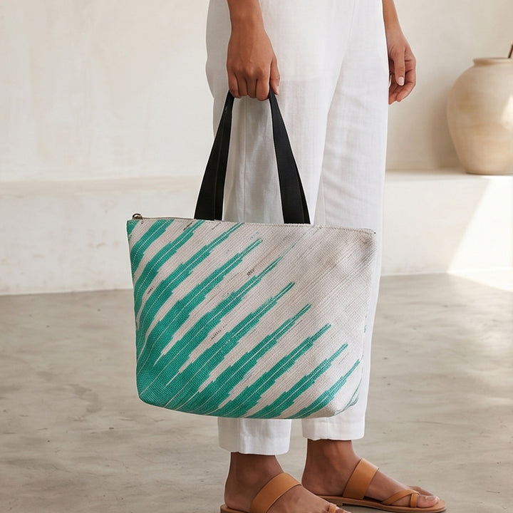 Sea Blue and White Upcycled Plastic Handcrafted Designer Tote Bag