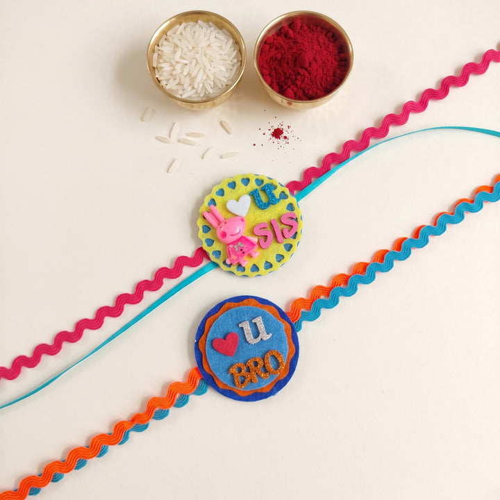 Handmade "Love U Sis" Peppa Pig & "Love U Bro" Heart Felt Kids Rakhi Combo With Roli Chawal For Brother & Sister | Set Of 2