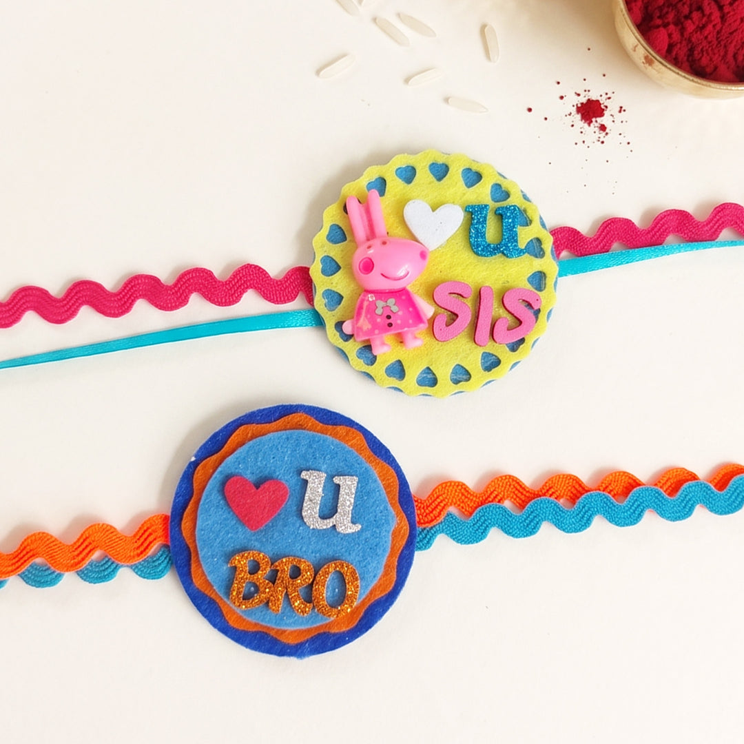 Handmade "Love U Sis" Peppa Pig & "Love U Bro" Heart Felt Kids Rakhi Combo With Roli Chawal For Brother & Sister | Set Of 2