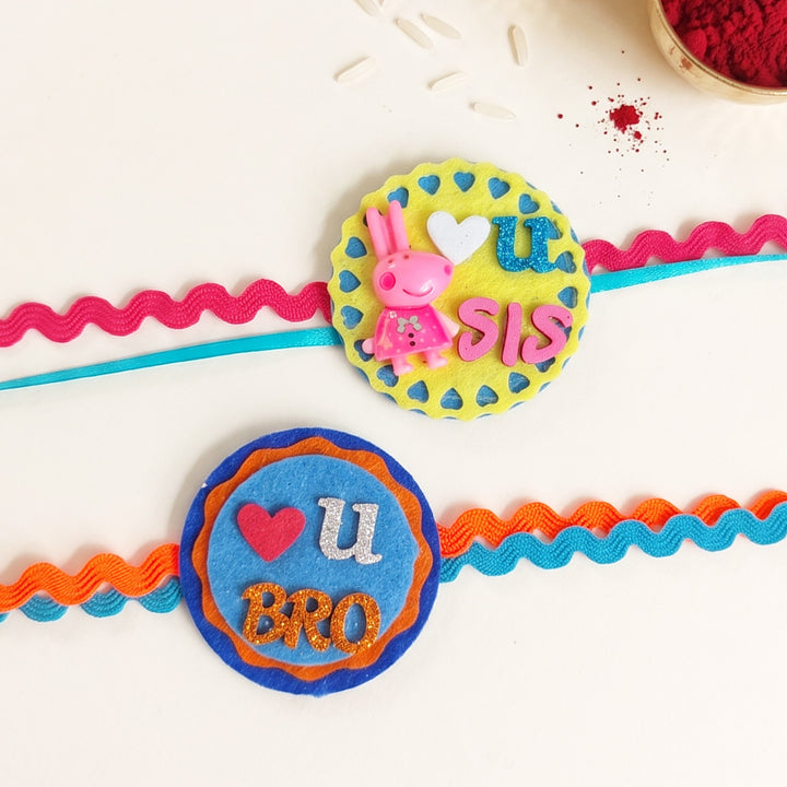 Handmade "Love U Sis" Peppa Pig & "Love U Bro" Heart Felt Kids Rakhi Combo With Roli Chawal For Brother & Sister | Set Of 2