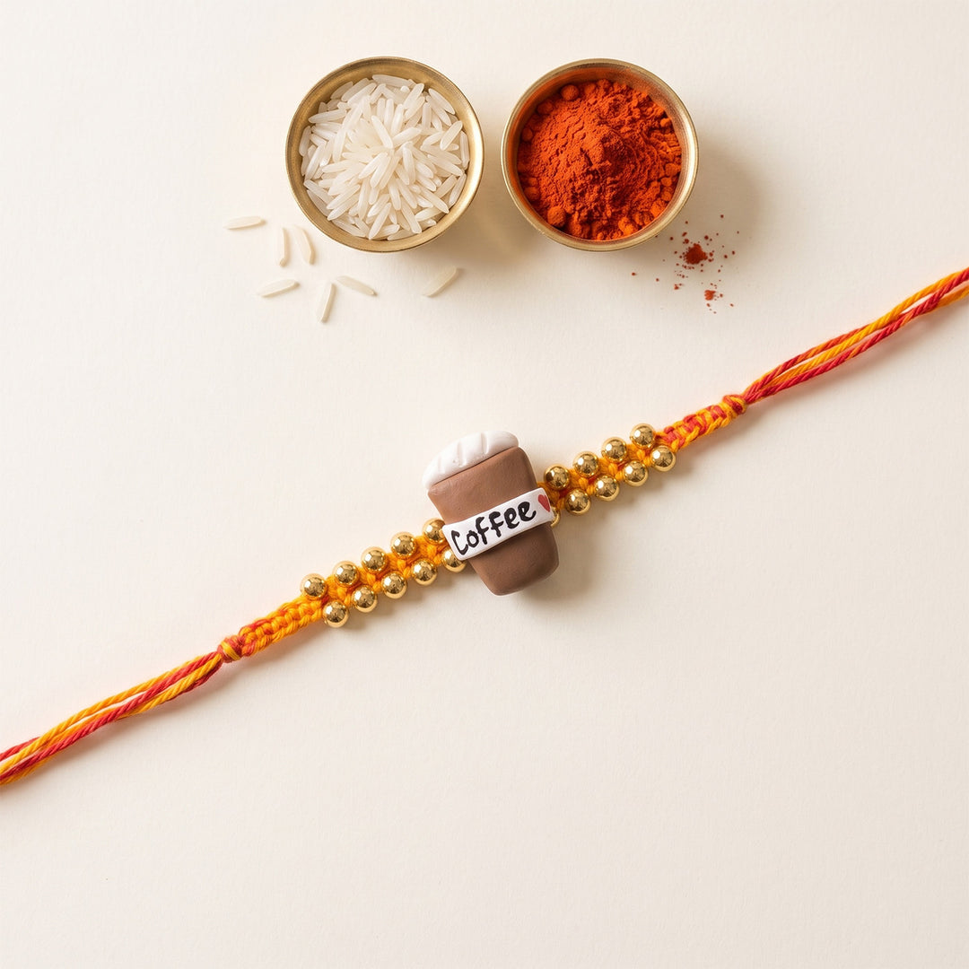 Handmade Coffee Cup Charm Polymer Clay Rakhi With Roli Chawal For Brother