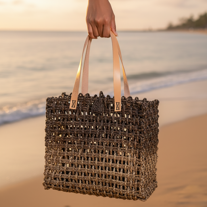 Handmade Grass Woven Rectangular Mesh Leather Strap Black And Gold Sabai Mesh Tote Bag