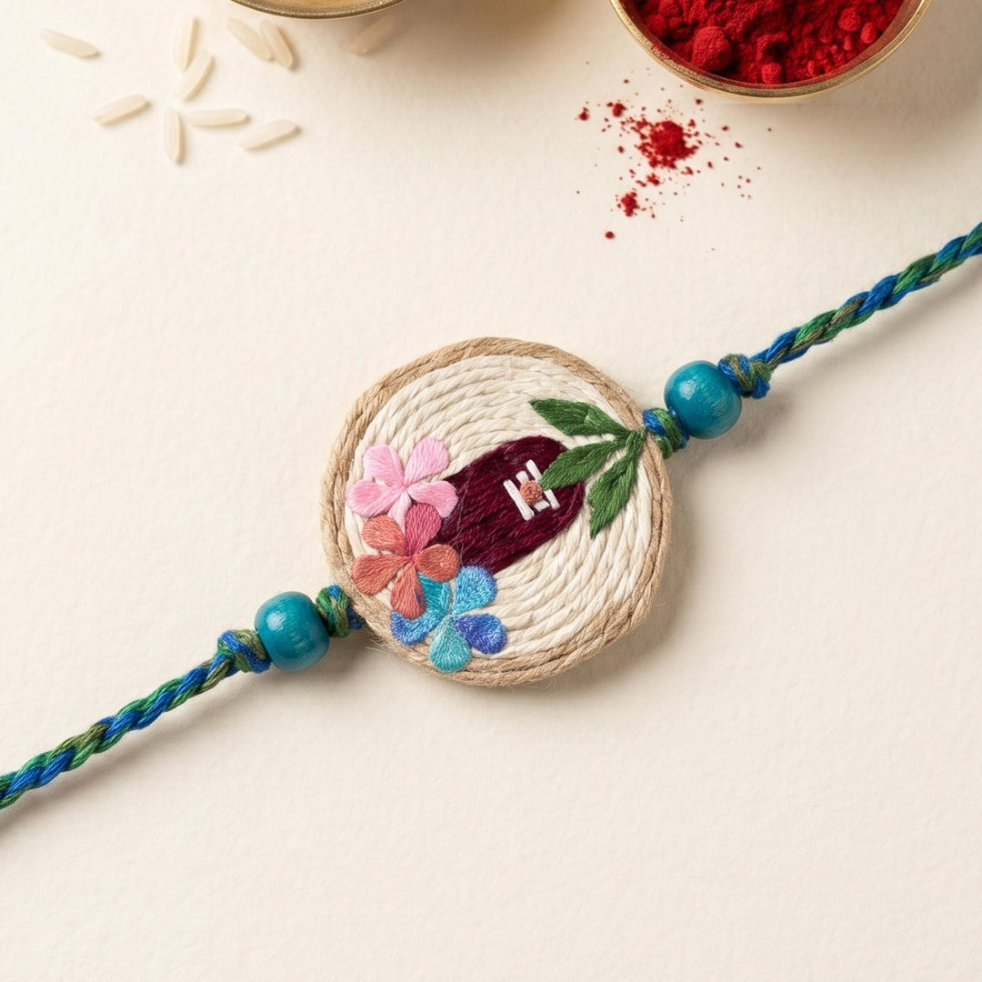 Handmade Pressed Flower Art Shivling Jute Rakhi With Roli Chawal For Bhaiya