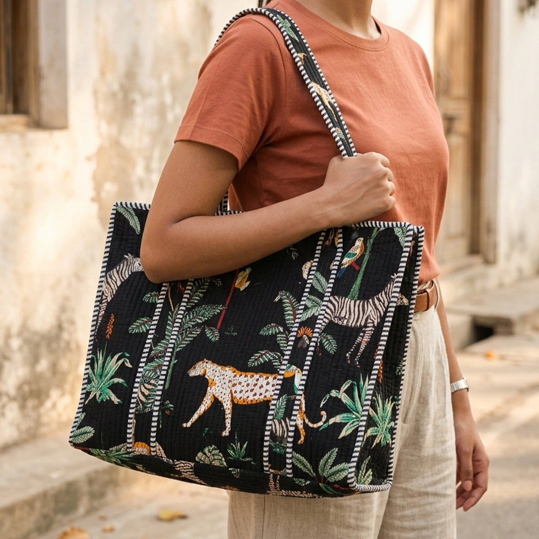 Handmade Black Jungle Cotton Tote Bag