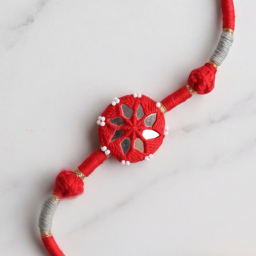 Handmade Mirror Work Patwa Red Cotton Rakhi With Roli Chawal