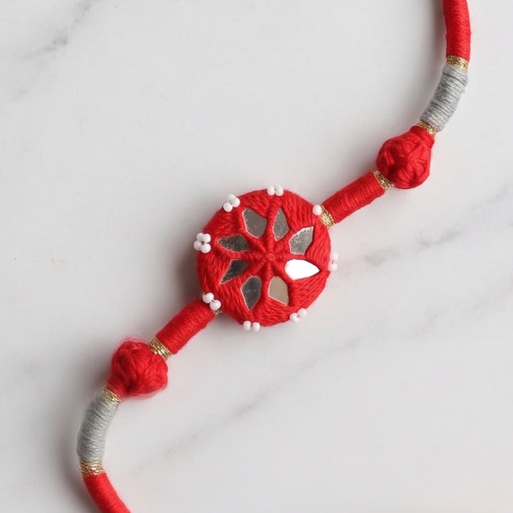 Handmade Mirror Work Patwa Red Cotton Rakhi With Roli Chawal